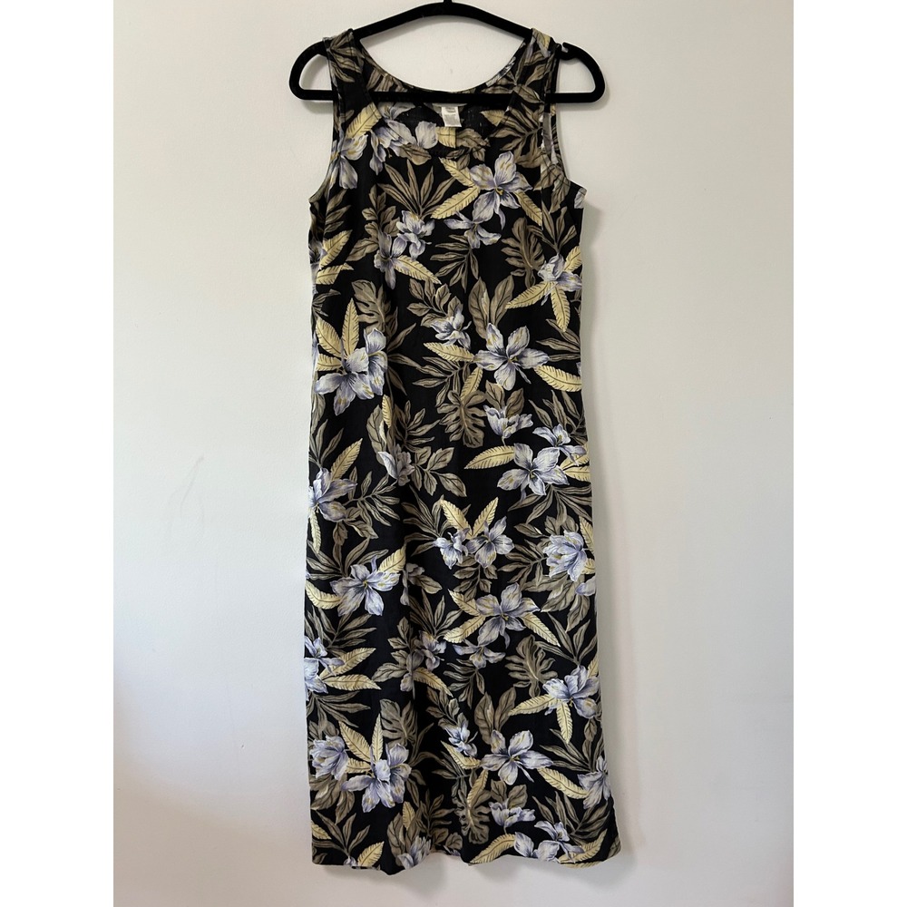 Vintage Hawaii Jones New York Sport Black Floral 100% Linen Tank Maxi Dress Sz 4